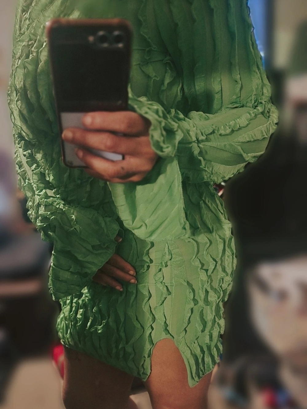 Green Textured Long-Sleeve Mini Dress